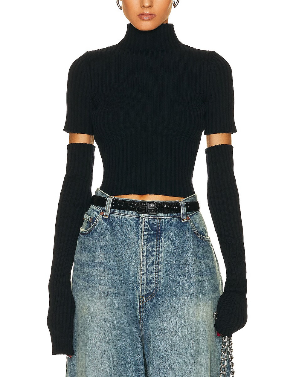 Balenciaga Ribbed Navy Cut Up Mock Neck Sweater Size S
